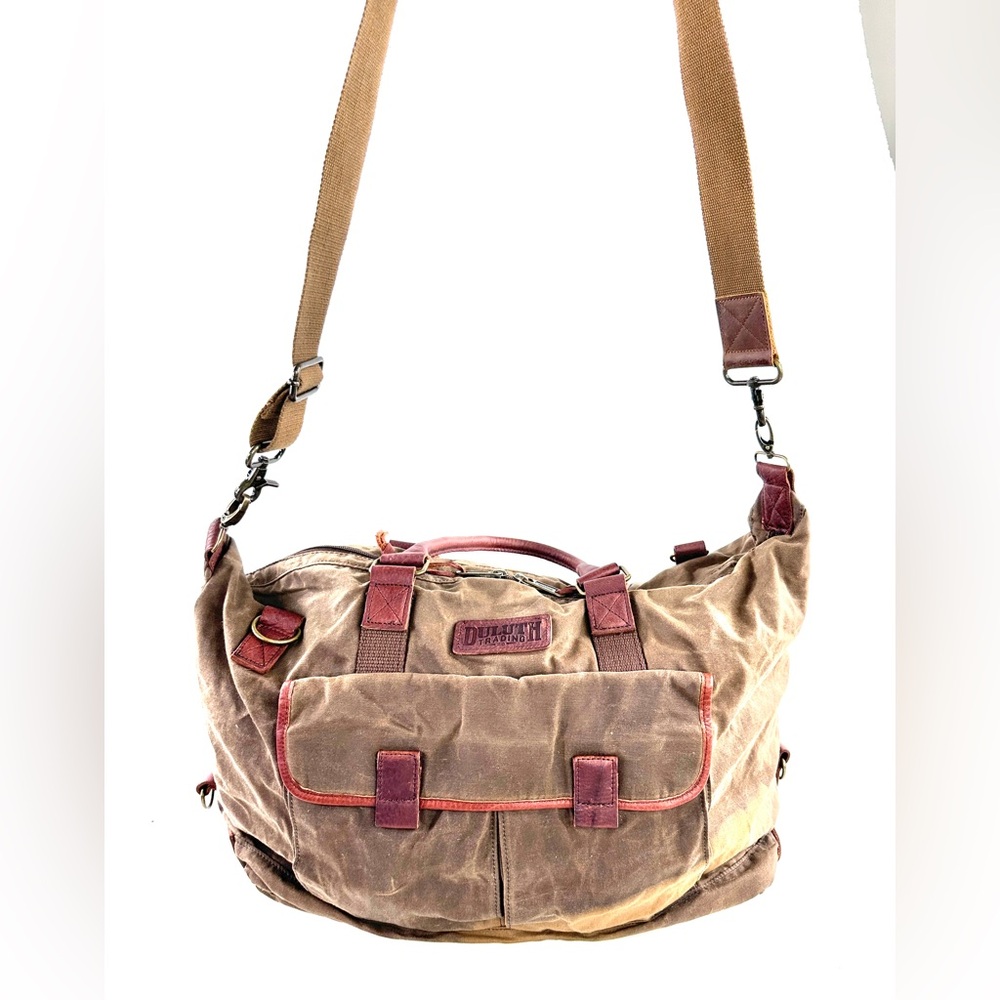 Duluth Trading Brown Cotton Canvas Large Briefcase Travel Bag Brass Leather Trim